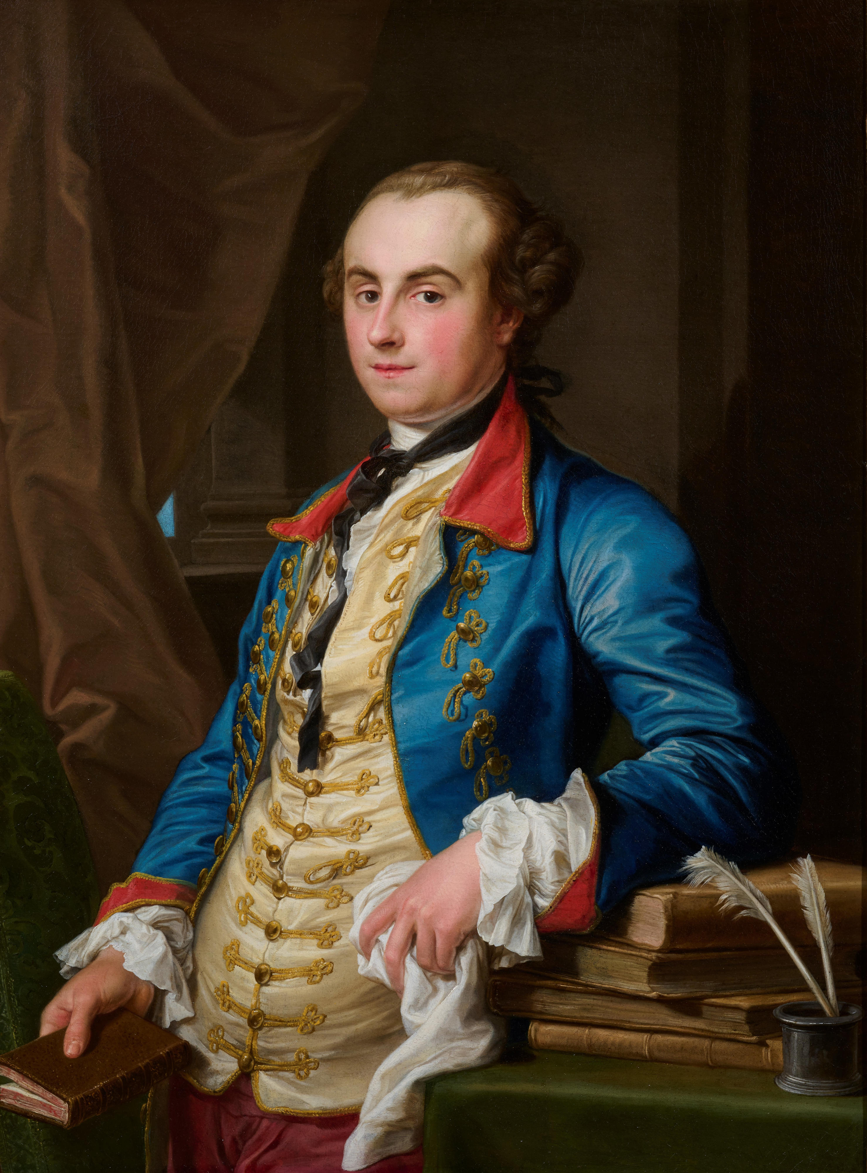 Portrait of Edward Solly, half length, in a blue coat and cream waistcoat, standing beside a table